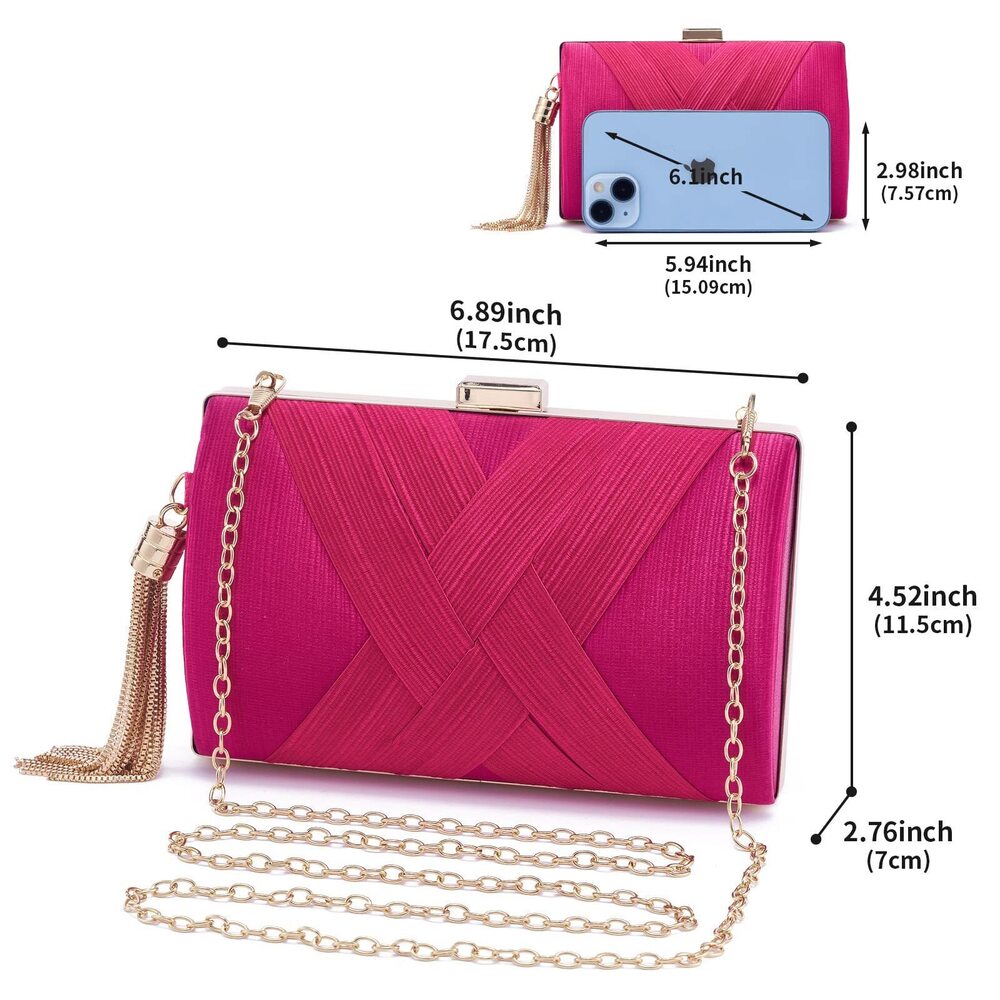 5030 Rose Red Fringed Evening Clutch Bag, 6.9 x 2.8 x 4.5 in - Picture 3 of 5